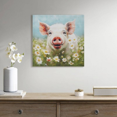 16" x 16" Happy Pig Canvas Wall Art in Green Field