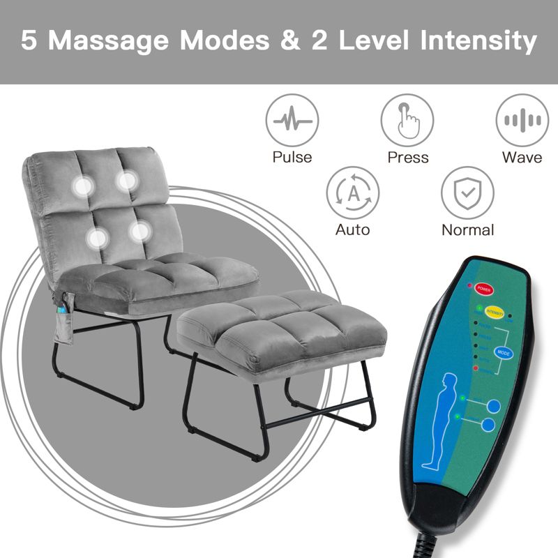 Costway Electric Massage Chair Vibrating Velvet Sofa w/Ottoman and Remote Control Gray, 5 of 11