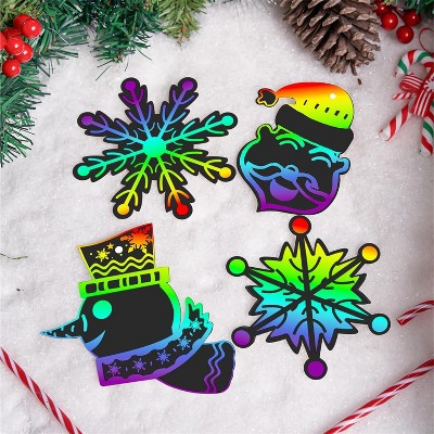 Joyfy 48 Pcs Christmas Ornaments Set, Snowman, Snowflakes, Tree & Reindeer DIY Scratch Paper Art Craft Kit for Kids, Rainbow Hanging Decor