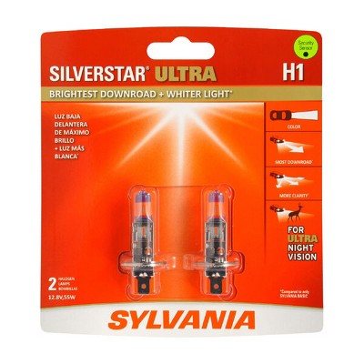 Sylvania H1 SilverStar Ultra OE Manufactured White Halogen Replacement Headlight Bulbs for Furthest Downroad Light and Better Clarity (2 Pack)