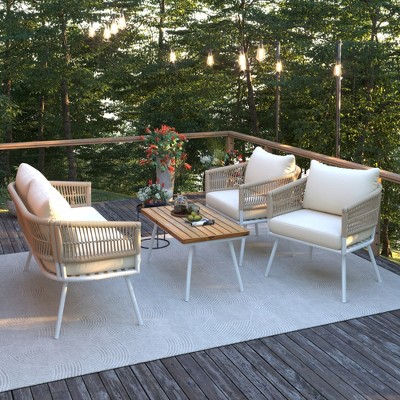 SKRAN 4-Piece Rope Patio Furniture Set, Outdoor Furniture with Acacia Wood Table, Patio Conversation Set for Backyard Porch Balcony, Beige