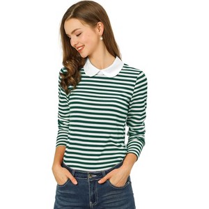 INSPIRE CHIC Women's Long Sleeves Contrast Peter Pan Collar Striped Blouse Top - 1 of 4
