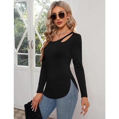 Women’s Long Sleeve Cutout Asymmetrical Neck Tshirt Slim Fit Tunic Blouse