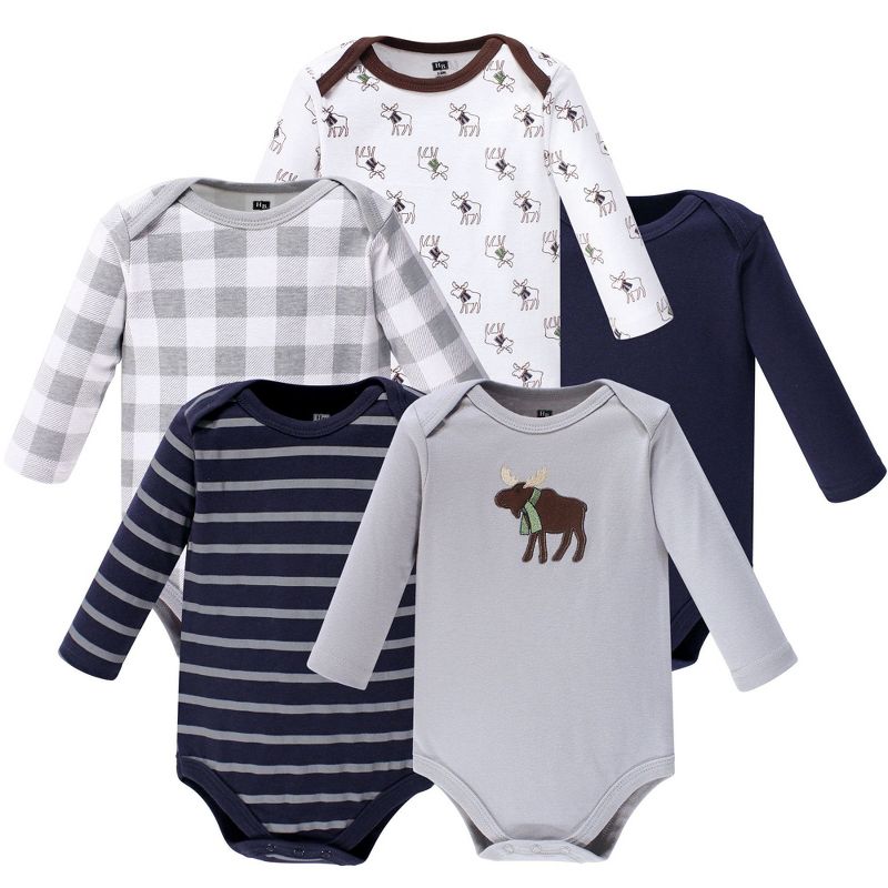 Hudson Baby Infant Boy Cotton Long-Sleeve Bodysuits 5pk, Gray Moose, 1 of 8