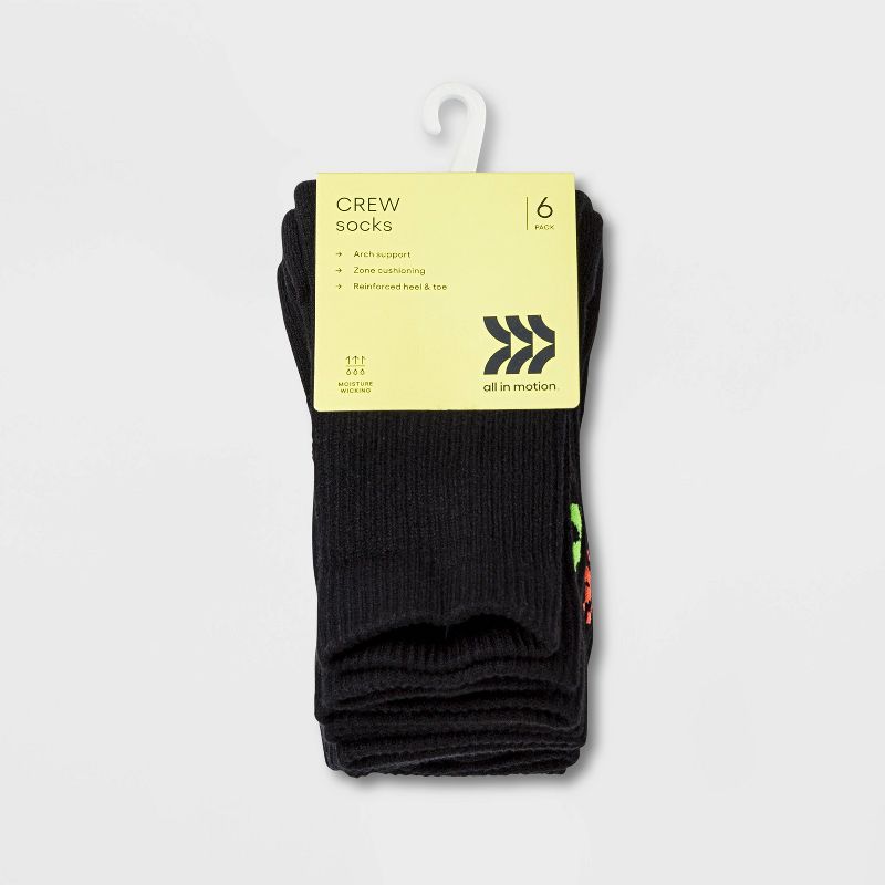 Kids' 6pk Crew Socks - All In Motion™ Black, 2 of 3