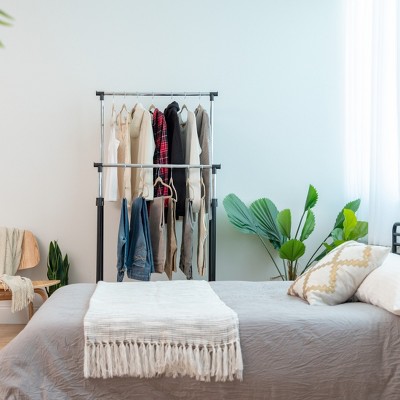 Adjustable Black Double Rod Clothes Rack with Wheels