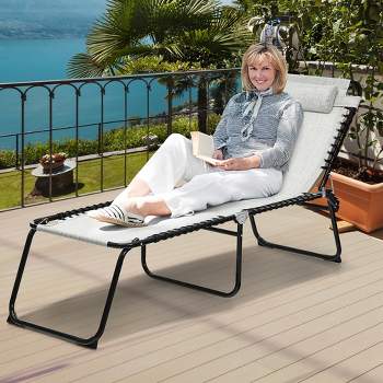 Costway Folding Beach Lounge Chair Heightening Design Patio Lounger w/ Pillow Black\Grey