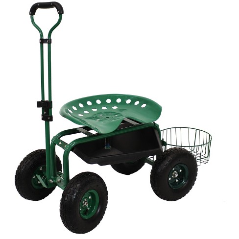 Sunnydaze Outdoor Lawn And Garden Heavy-duty Steel Rolling Gardening Cart  With Extendable Steer Handle, Swivel Chair, Tool Tray, And Basket : Target