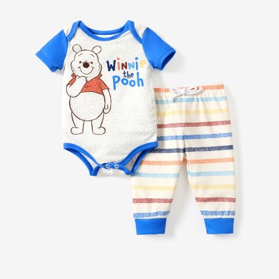Disney Winnie the Pooh Baby Boy 2pcs Naia Sustainable Fabric Character Print Romper and Stripes Pants Set