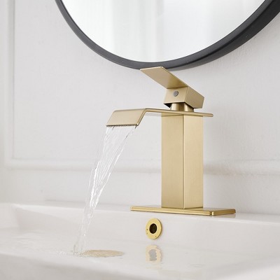 Brushed Gold Single-Handle Low-Arc Bathroom Faucet with Supply Line