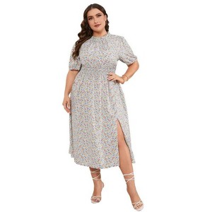 Coolmee Women's Plus Size Floral Print Dress Smocked Elastic Waist Midi Dress - 1 of 4