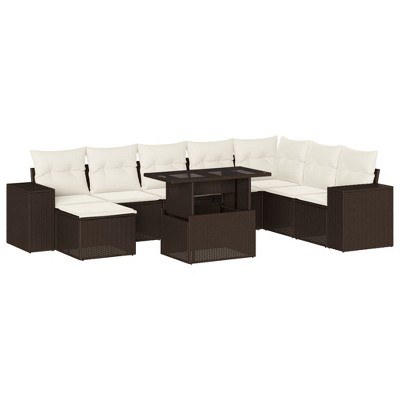vidaXL 9 Piece Patio Sofa Set with Cushions Brown and Cream Poly Rattan - Without Storage