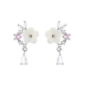 14K Rose Gold And Sterling Silver and Pink Cat's-Opal Eye Flower Drop Earrings - 1 of 4
