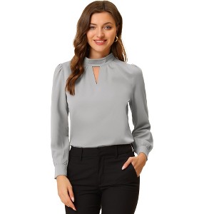 INSPIRE CHIC Women's Office Keyhole Elegant Stand Collar Long Sleeve Back Neck Button Blouse - 1 of 4