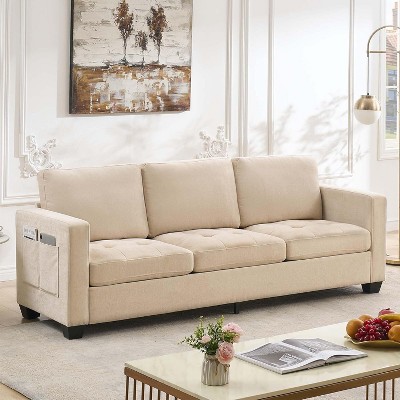 3 Seat Sofa Couch, 89'' Chenille Fabric Upholstered Sofa with Wide Armrest and Removable Headrest, Comfy Couches with Side Storage Pockets (Beige)