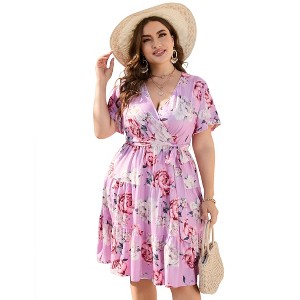 Plus Size Women's V Neck Short Sleeve Dress with Belt Flowy Casual Summer Day Dress - 1 of 4