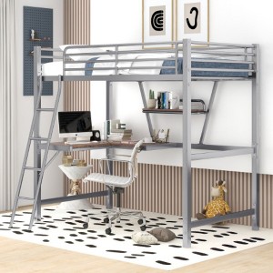 Twin Size Loft Metal&MDF Bed with Desk and Shelf, Silver - 1 of 3