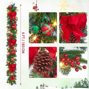 6FT Pre-Lit Christmas Garland with 20 LED Lights, Red & Green Ornaments, Pinecones, Bows – Battery Operated - 1 of 4