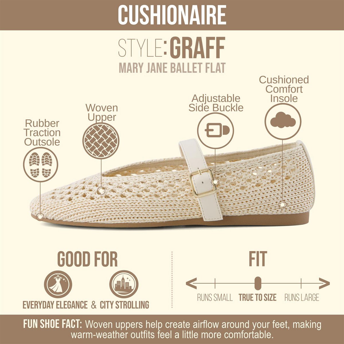 Обувь CUSHIONAIRE Graff Mary Jane Shoes for Women, Woven Ballet Flats with Adjustable Buckle Strap, Lightweight Slip On Shoes, CREAM 8 — фото 2