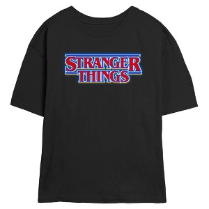 Juniors Womens Stranger Things Retro Classic Logo Bright Blue Outline T Shirt - 1 of 4