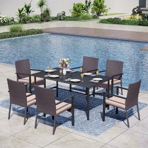 Captiva Designs 7pc Patio Slatted Top Steel Dining Table with Umbrella Hole & Cushioned Armrest Rattan Chairs - 1 of 4