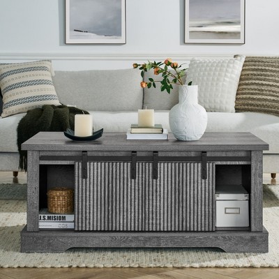 DOMETOUR 41.3 Inch Coffee Table with Storage, Sliding Door, Adjustable Shelves, Farmhouse Industrial Rustic Table for Living Room