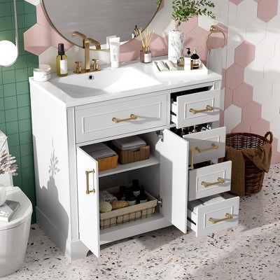 TIRAMISUBEST 36" Elegant Bathroom Vanity with Ceramic Sink, Storage Cabinet with 4 Soft-Close Drawers & Vintage Gold Handles