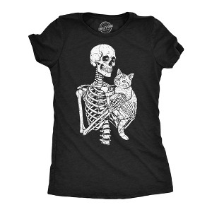 Womens Funny T Shirts Skeleton And Cat Sarcastic Halloween Graphic Novelty Tee For Ladies - Crazy Dog Women's T Shirt For Halloween Season - 1 of 4