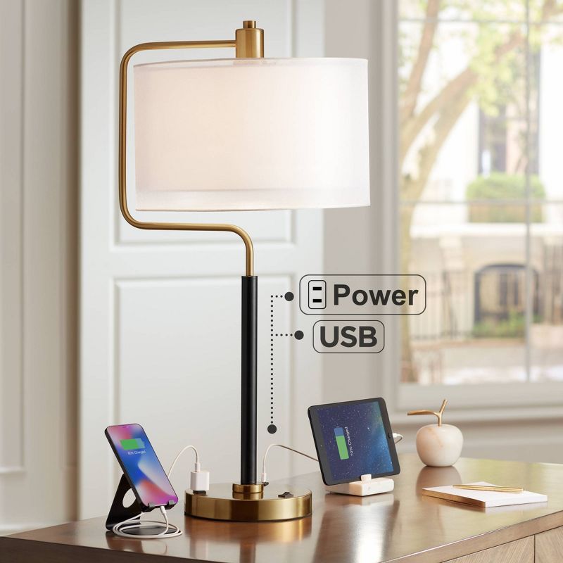 Possini Euro Design Carlyle Modern Mid Century Desk Lamp 30 1/2" Tall Gold with USB and AC Power Outlet in Base Double Drum Shades for Living Room, 2 of 10