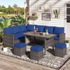 COWLOWN 7 Piece Blue Outdoor Patio Furniture Set, Brown Rattan with Dining Table, 3 Ottomans, Thickened Cushions for Backyard, Deck and Garden - 2 of 4