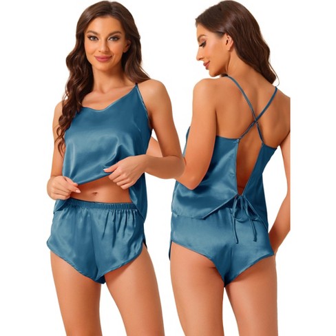 Cheibear Women's Sliky Satin Sleeveless Cami Sleepwear With Shorts Lounge Pajamas  Set Blue X Small : Target