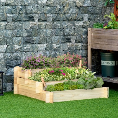 Natural Wood 3-Tier Raised Garden Bed with Draining Fabric