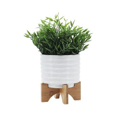 Elegant White Stripe Ceramic Planter with Wooden Stand, 6"x8"