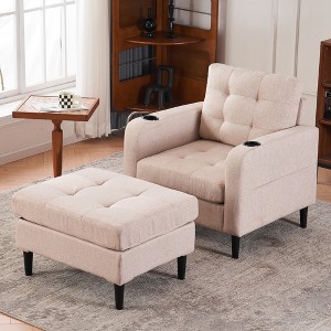Upholstered Cotton & Linen Armchair sofas with Storage Ottoman and Built-In Cup Holders - 1 of 4