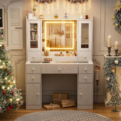 PAKASEPT Makeup Vanity Desk with Mirror and Lights, with Glass Top, 7 Drawers, 2 Storage Cabinet, 2 Glass Cabinet, Charging Station