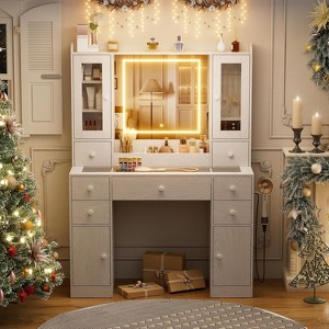 PAKASEPT Makeup Vanity Desk with Mirror and Lights, with Glass Top, 7 Drawers, 2 Storage Cabinet, 2 Glass Cabinet, Charging Station - 1 of 4