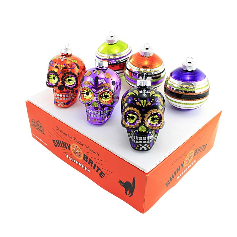 Shiny Brite 3.25 In 3.25" Decorated Rounds & Skulls Ornament Halloween Skulls Tree Ornament Sets, 3 of 4