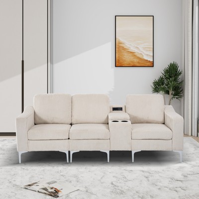 Aortzio 92.33"W 3-Seater Upholstery Convertible Sectional Corduroy Sofa With USB Port,2 Cup Holders
