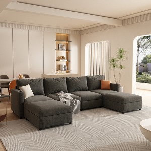 123" Chenille Upholstery U-Shape Modular Sectional Sofa with Ottoman and Storage Seat, 6-piece Free Combination - 1 of 4