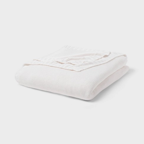 Full queen Sweater Knit Bed Blanket White Threshold Cotton Recycled Polyester Oeko tex Certified Target