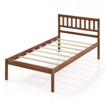 Tangkula Twin/Full/Queen Platform Bed with Headboard Solid Wood Leg Mattress Foundation Walnut