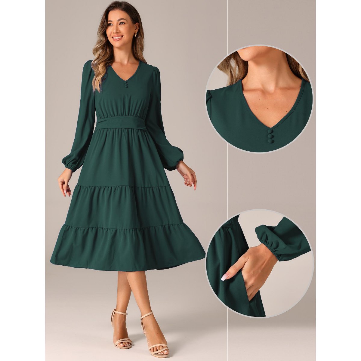 Женские платья INSPIRE CHIC Women's V Neck Lantern Sleeve Ruffle Flowy A-Line Elegant Midi Dress Dark Green X-Large — фото 2