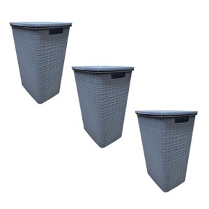 YBM Home Plastic Rattan Laundry Hamper Basket with Hinged Lid, Pack of 3 - 1 of 3