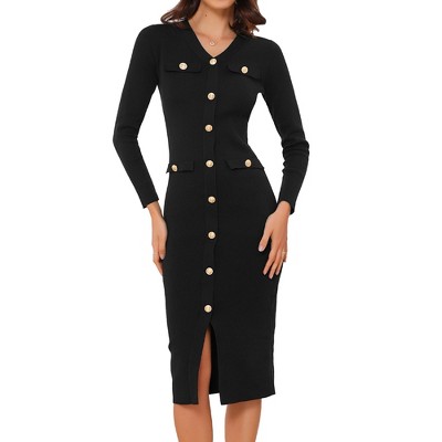 INSPIRE CHIC Women's V Neck Long Sleeve Button Decor Knit Midi Bodycon Sweater Dress