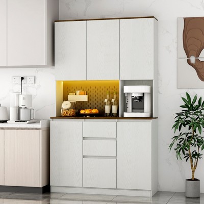 KTMBDW 74" Pantry Cabinet with Charging Station, Tall Kitchen Pantry Storage Cabinet with Microwave Stand, Farmhouse Kitchen Hutch, White