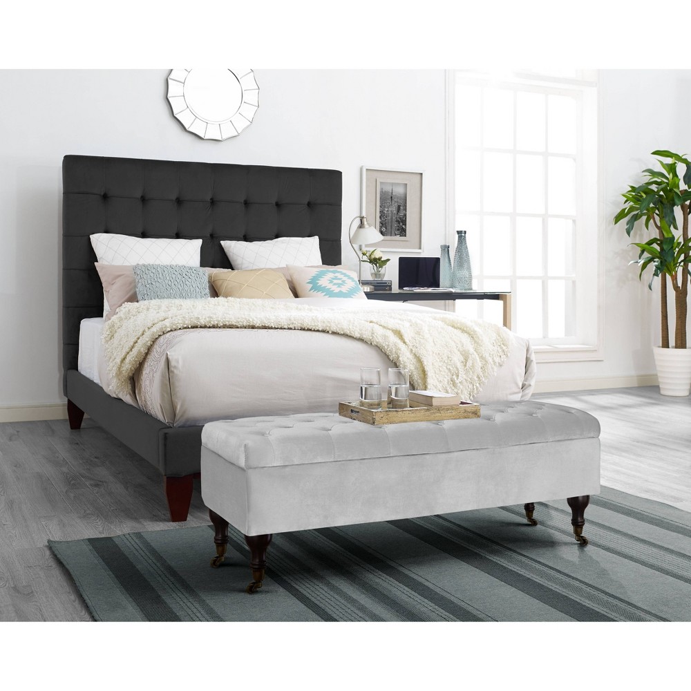 Photos - Pouffe / Bench Collette Tufted Storage Bench Pearl Gray Velvet - Adore Decor: Upholstered Ottoman with Hinged Lid, Bedroom Furniture