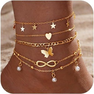 14K Gold Plated Ankle Bracelets Sets For Women, Adjustable Layered Anklet - 1 of 4
