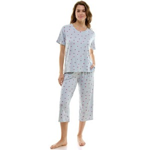 Jaclyn 2 Piece Pajama Set with Short Sleeve Top and Capri Pants (Juniors & Women) - 1 of 4