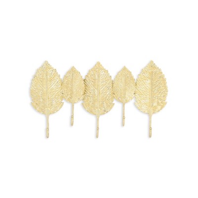 HomeRoots 18" Golden Aluminum Leaf Five Hook Wall Mount Coat Rack