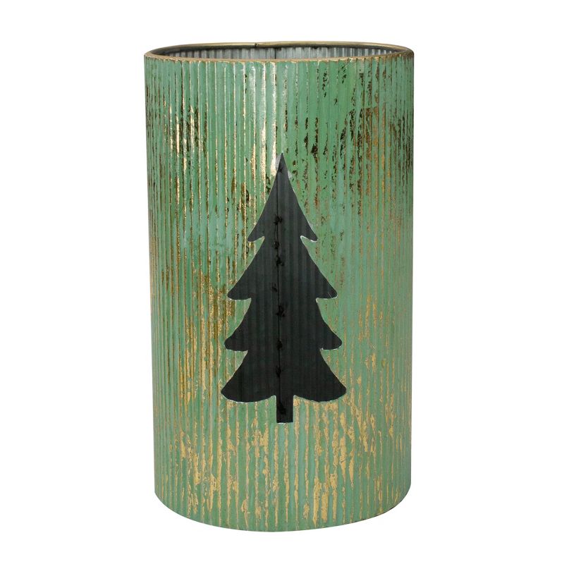 Northlight Set of 2 Rustic Green and Gold Christmas Tree Tabletop Lanterns 12", 3 of 5